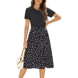 Small Polka Dot Midi Dress / Short Sleeve Black and White / Modest A-Line Summer